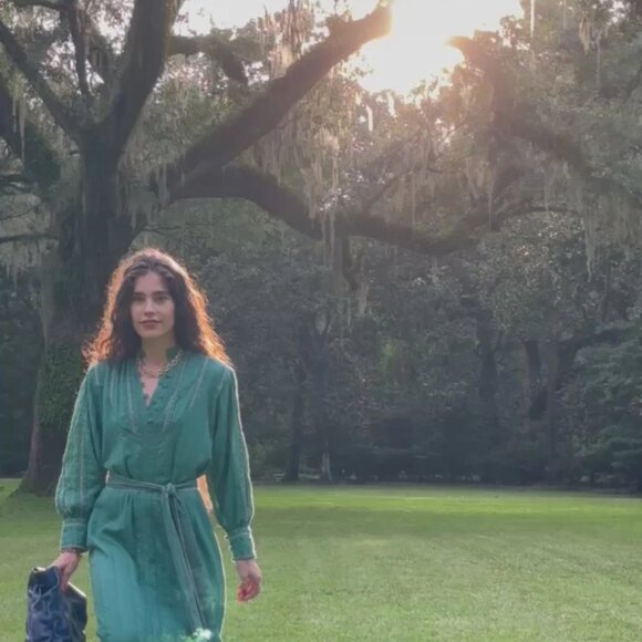 Ex Voto Sutton emerald green embroidered belted cotton maxidress women's small - Picture 11 of 11